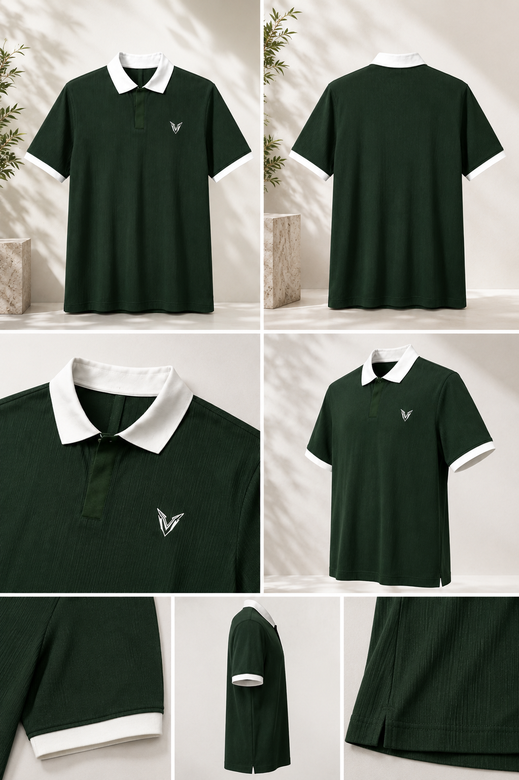 Polo Premium Verde Oliva Texturizado con Cuello Blanco | Veyron