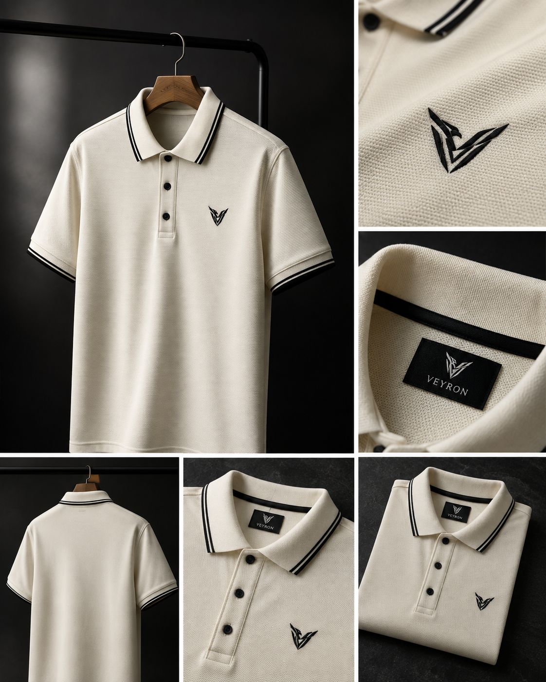 Polo Texturizado VEYRON con Ribetes - Marfil / Negro