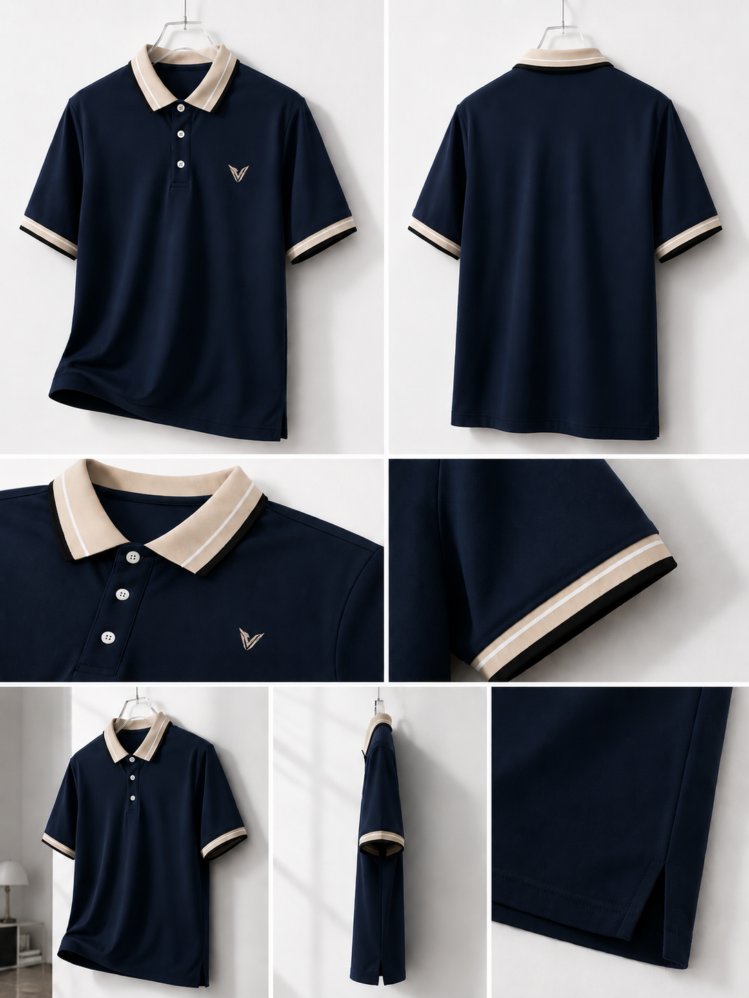 Polo Veyron Signature Azul Marino con Cuello Beige Premium