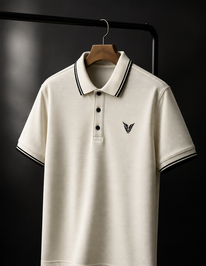 Polo Texturizado VEYRON con Ribetes - Marfil / Negro